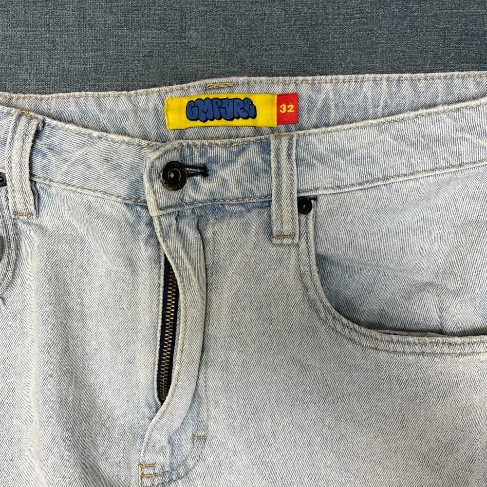 Empyre Loose Fit Cargo Jeans Mens 32 Blue Denim Flat Front Pockets Embroidered